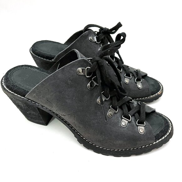 Woolrich Suede Lace Up Open Toe Heel Clog Mules Metal Rings Steampunk Cosplay - Picture 1 of 16